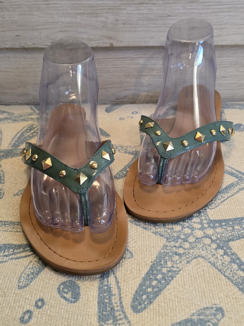 COACH Studded Teal/ Green Patent Leather Thong Sandals Women, 9